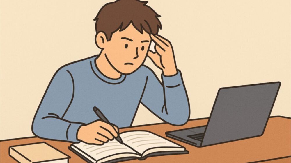 机で勉強をしている若手社会人