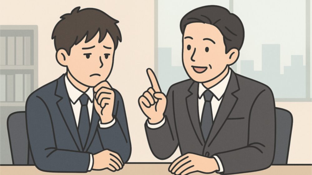 退職を考えていることを相談している若手社員とアドバイスをしている先輩社員